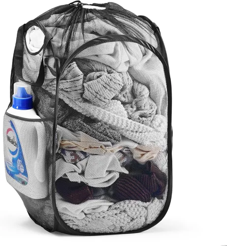 Miniatura 35 de TECHMILLY Cesta plegable de malla para la ropa sucia con asas resistentes y bolsillo lateral, cestas plegables portátiles para ropa para dormitorio