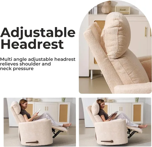 Miniatura 5 de Sillón reclinable giratorio de gran tamaño con masaje y calor, sillón reclinable giratorio para guardería con reposacabezas ajustable, silla Beige