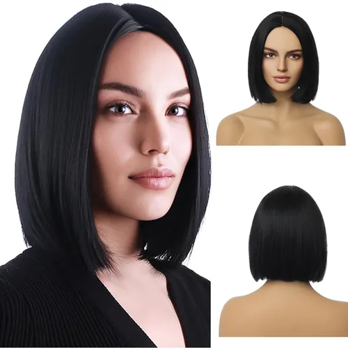 Miniatura 2 de PATTNIUM Peluca negra estilo Bob para mujer, pelucas cortas negras, rectas, parte media, peluca de cabello negro, aspecto natural, pelucas