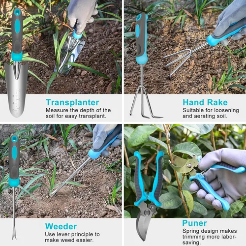 Miniatura 9 de Herramientas de jardinería, Carsolt juego de 10 piezas de herramientas de jardín de acero inoxidable resistente con mango ergonómico de goma.