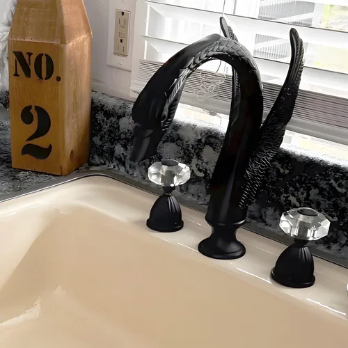 Miniatura 7 de Grifo de Lavabo Estilo Cisne Ornamentado Dorado Negro Combo para Baño con Montaje en Cubierta Conjunto de Grifo Mezclador para Lavabo Agua Caliente