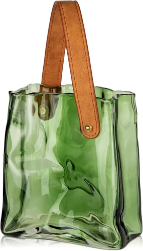Miniatura 11 de Florero de bolso de cristal para flores, floreros de ámbar para centros de mesa, florero de bolsa de cristal con asa de cuero, floreros pequeños