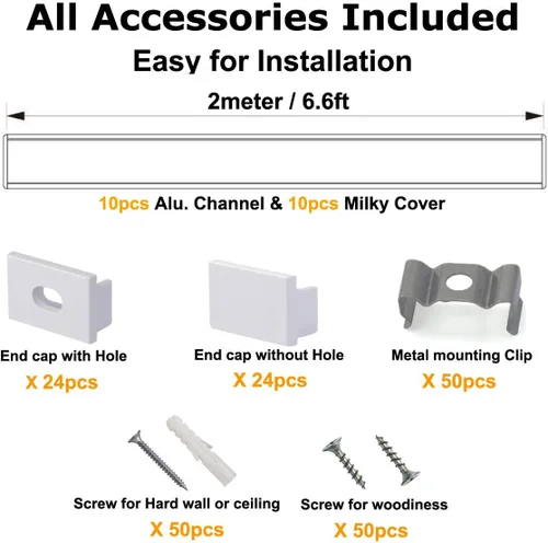 Miniatura 2 de hunhun Paquete de 10 canales de aluminio LED en forma de U de 6.6 pies/6.6 ft con cubierta lechosa, tapas finales y clips de montaje, perfil