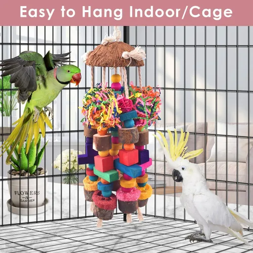 Miniatura 5 de KATUMO Juguetes para loros, juguetes grandes para masticar pájaros, accesorio de jaula de loros medianos, juguetes de bloques de madera coloridos