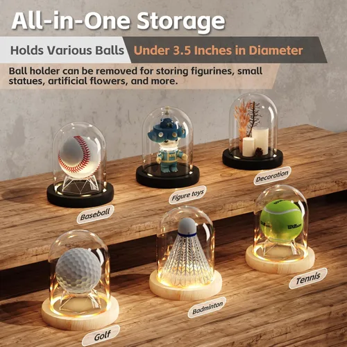 Miniatura 5 de Vitrina de béisbol con base de luz LED negra, soporte de béisbol de cúpula de cristal, estuche de pelota de juego para pelotas de béisbol