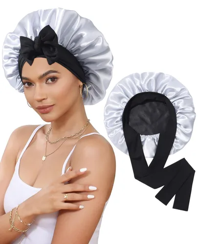 Miniatura 30 de Gorro de satén de seda para dormir, gorro de seda de doble capa con banda elástica para cabello rizado Negro+marrón