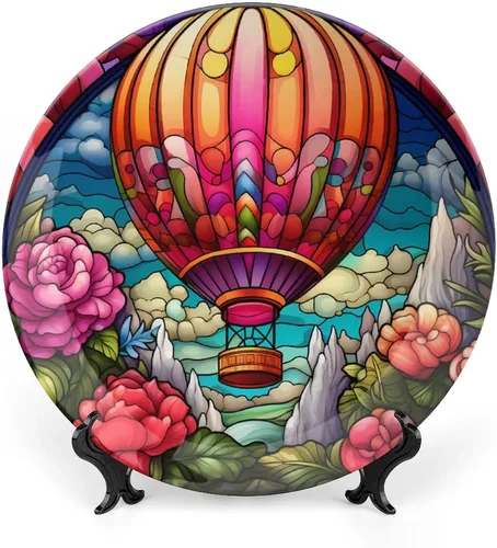 Platos decorativos, placa de cerámica con estampado de globos de aire caliente, plato de cena tambaleante con soporte de exhibición, decoración para
