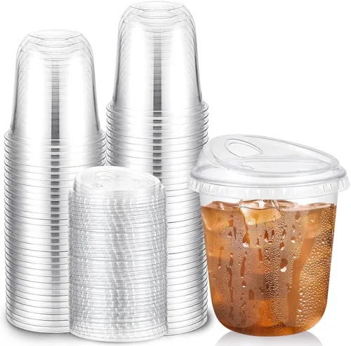 Miniatura 8 de Baderke 100 Vasos de Plástico con Tapas para Sorber Fondo Redondo Vasos de Café de Plástico Desechables con Tapas Tazas de Cristal Transparentes sin