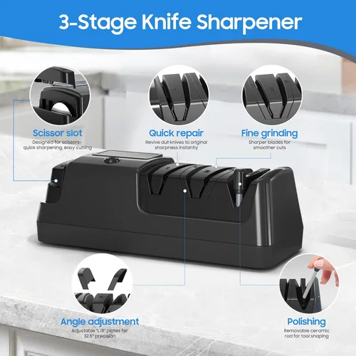Miniatura 4 de Afilador de cuchillos eléctrico para cocina, afilado profesional de 3 etapas para cuchillos y tijeras de borde recto y dentado, con 100% abrasivo