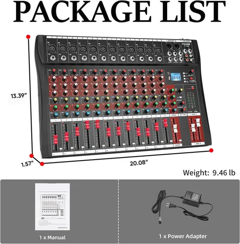 Miniatura 9 de FULUODE Consola de Mezcla de Audio de 12 Canales, CT-120S Mezclador de Música Profesional para DJ, Tablero de Mezcla con Reverb, Reproductor