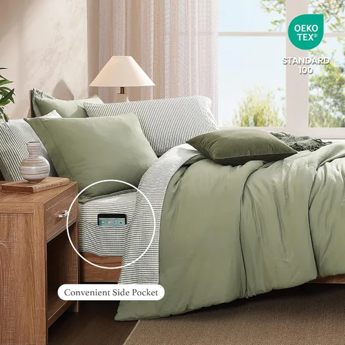 Miniatura 6 de Monbix Juego de Edredón de Tamaño Completo - 7 Piezas Verde Oliva Prelavado Ropa de Cama en una Bolsa Juegos de Ropa de Cama Completos