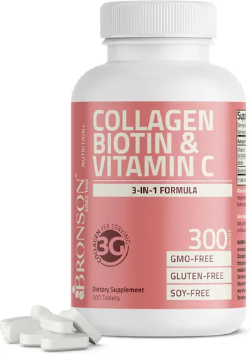 Miniatura 10 de Bronson Péptidos de colágeno 3000mg (por porción) con biotina y vitamina C - para el apoyo del cabello, la piel y las uñas, sin OGM, 90 tabletas