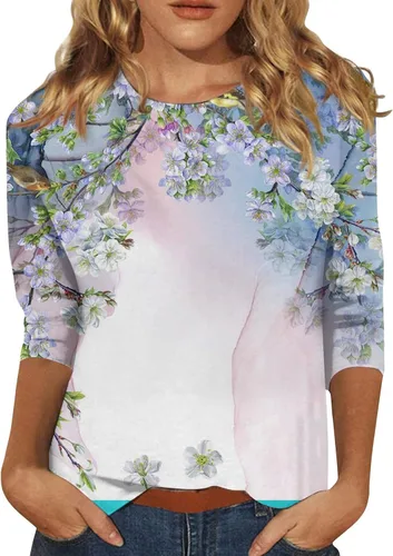 Camisas de manga 34 para mujer, cuello redondo, estampado floral, sudaderas casuales elegantes, blusas de manga tres cuartos