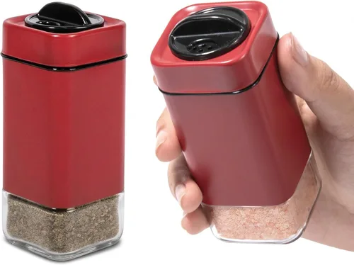 Saleros y pimienteros rojos de Aelga, juego de salero de vidrio con agujeros ajustables para servir, ideal para pimienta negra, kosher y del Himalaya