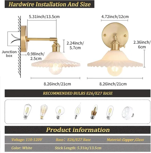 Miniatura 6 de Shenmoyl Apliques de pared vintage con pantalla de cristal de loto blanco de 180 grados, ajustable, de latón, con cable, moderna lámpara de pared