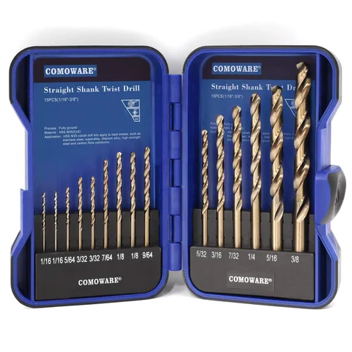 COMOWARE Juego de 15 brocas de taladro (1/16"-3/8"), brocas de taladro HSS M35 de torsión, longitud Jobber, vástago recto, juego de brocas de metal