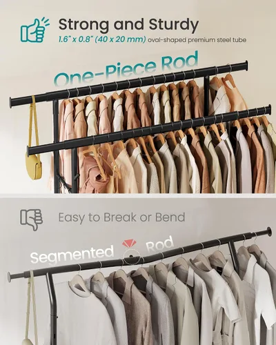 Miniatura 3 de SONGMICS Perchero de Ropa, Perchero de Ropa Rodante de Servicio Pesado con Ruedas, Barras Colgantes Dobles Extensibles y Altura Ajustable, Portátil