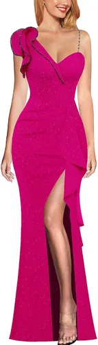VFSHOW Vestido largo de fiesta formal con volantes y tirantes para el hombro, para mujer, vestido largo sexy con cuello en V dividido para cóctel y