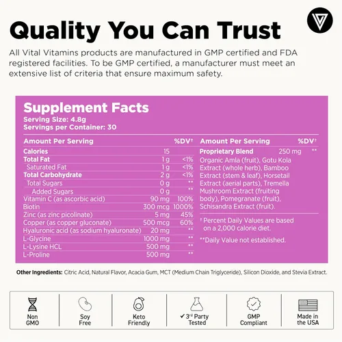 Miniatura 7 de Vital Vitamins Polvo de refuerzo de colágeno vegano – Hecho con aminoácidos, sílice, ácido hialurónico y extractos botánicos – a base de plantas