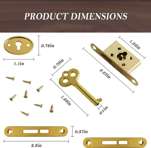 Miniatura 3 de Joyero chapado en oro antiguo con llave y tornillo de montaje para mini cerraduras, cerraduras de joyero, reemplazo de cerradura de muebles
