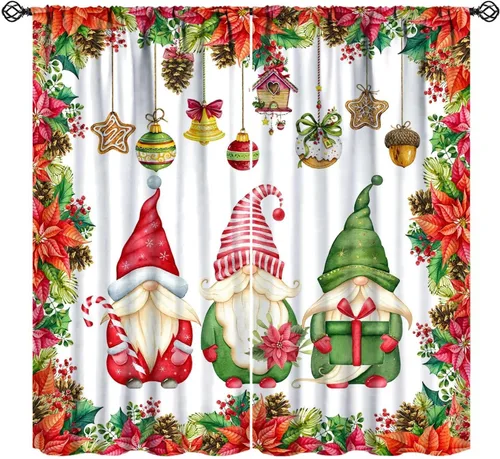 Miniatura 16 de Cortinas de Navidad de gnomo, bolas de árbol de Navidad, luces, regalos, decoración de tablones para sala de estar, dormitorio, bolsillo para barra