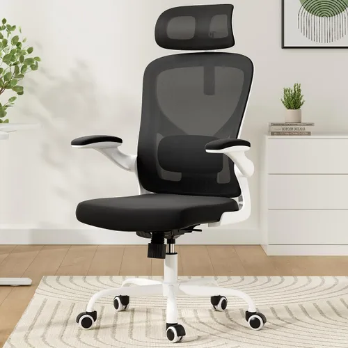 Miniatura 8 de Silla de oficina ergonómica, silla de escritorio giratoria de malla con respaldo alto, soporte lumbar ajustable, reposacabezas y reposabrazos Negro