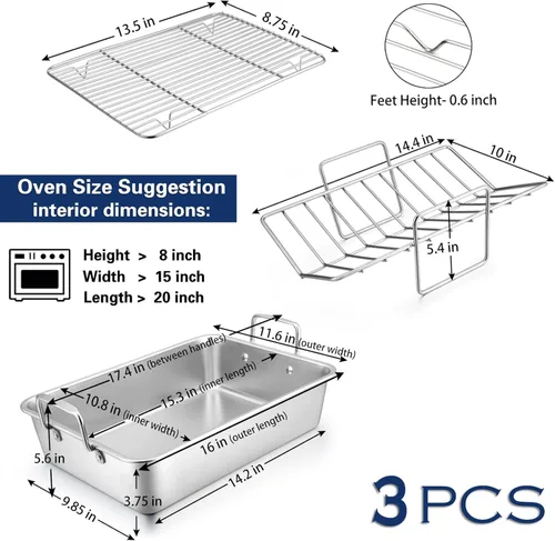 Miniatura 2 de P&P CHEF Asador de 16 pulgadas con estante para hornear y estante en forma de V, sartén rectangular de acero inoxidable para lasaña con asas