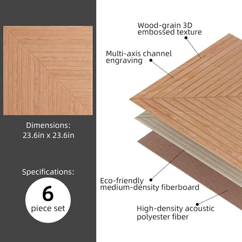 Miniatura 7 de 6 paneles acústicos de pared, 23.6 x 23.6 pulgadas, paneles autoadhesivos de absorción de sonido, impresión de patrón de madera, panel de pared