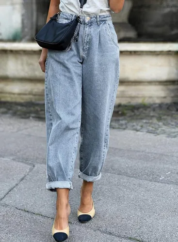 Miniatura 2 de EVALESS Pantalones de mezclilla holgados para mujer, de cintura alta, elásticos, estilo boyfriend, pantalones de mezclilla al tobillo