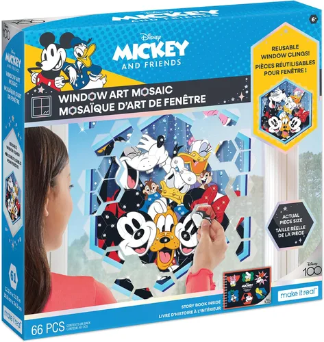 Make It Real Disney: Mosaico de arte para ventana, Mickey & Friends, 66 piezas, rompecabezas reutilizables para ventanas, crea una imagen de 12.2 x