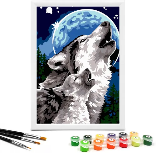 Nariolar Pintura por números para niños de 8 a 12 años con cartón preimpreso de 7 x 9.5 pulgadas, 12 macetas de pintura acrílica y 3 pinceles de Lobo