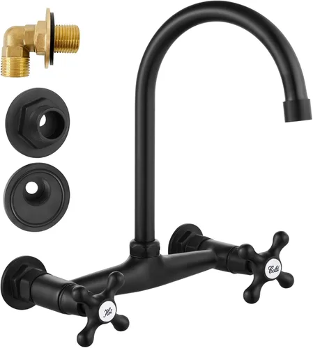 Airuida Grifo de fregadero de cocina de montaje en pared negro mate, grifo de cocina montado en la pared, centro de 8 pulgadas, asas cruzadas