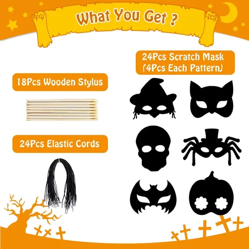 Miniatura 2 de MGparty Juego de 24 máscaras de rascar de Halloween para manualidades, arte de papel mágico para niños, actividades en el aula, recuerdos de fiesta