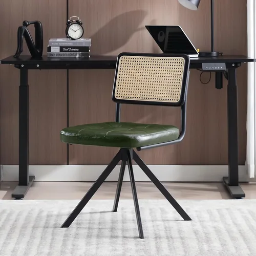 Zesthouse Silla de escritorio de ratán sin ruedas, silla de oficina moderna de mediados de siglo con malla de caña y respaldo de madera, silla Verde