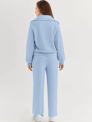 Miniatura 4 de AUTOMET Conjunto deportivo de 2 piezas para mujer, ropa de descanso, con cremallera de un cuarto, sudadera con pantalones de pierna ancha