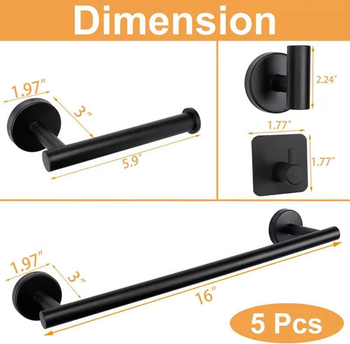 Miniatura 7 de TocTen Juego de Accesorios para Baño, Juego de Barras para Toallas de Baño de Acero Inoxidable Grueso Incluyendo Toallero para Baño+Portapapel Negro