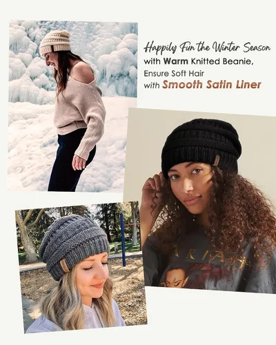 Miniatura 28 de FURTALK Gorro de invierno para mujer, con forro de satén, tejido trenzado, grueso, holgado, gorro cálido