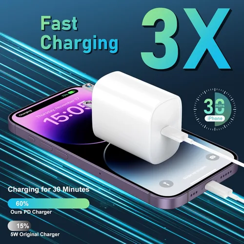 Miniatura 3 de DiHines Cargador rápido para teléfono 14 13 12 11, cable de carga Lightning de 3 pies con bloque de carga USB C de 20 W para teléfono 14/14 Pro