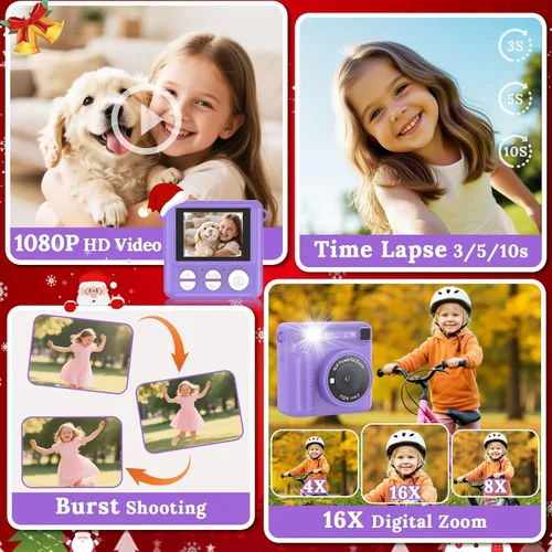 Miniatura 5 de Cámara para niños con impresión instantánea, grabadora de video digital HD 1080P con tarjeta SD de 32 GB, regalos de Navidad y cumpleaños para niños