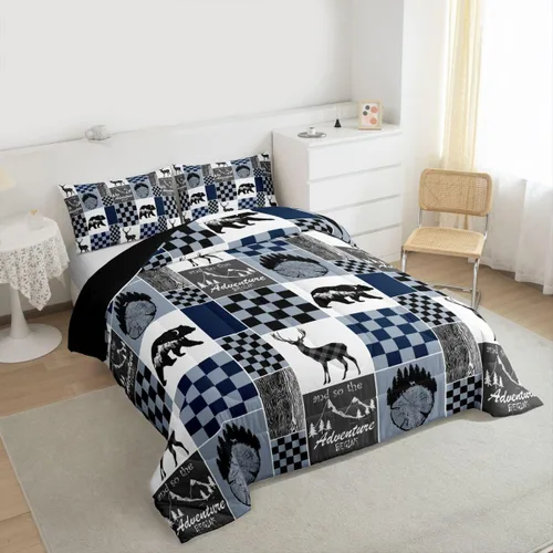 Miniatura 211 de Juego de edredón de oso y ciervo, tamaño individual, ropa de cama de animales salvajes de caza, colcha rústica de cabaña, casa de campo, cuadros