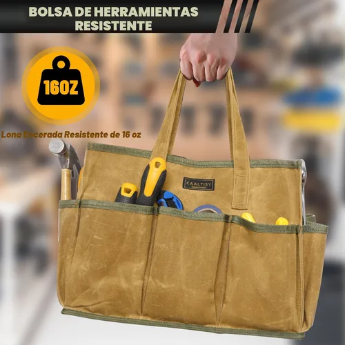 Miniatura 4 de Bolsa de herramientas de lona encerada de 16 onzas Bolsa de almacenamiento de herramientas de gran capacidad con 10 bolsillos externos Caqui