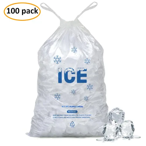 Miniatura 2 de Paquete de 100 bolsas de hielo de plástico con cordón de 20 libras, bolsas de hielo resistentes de 14 x 28 pulgadas con cuerda de plástico