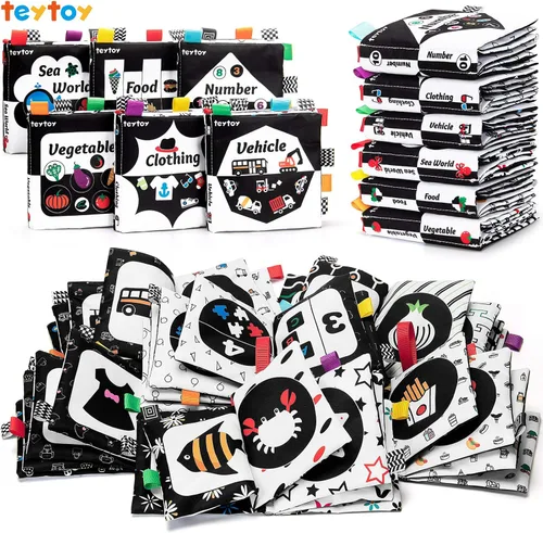 teytoy Juego de 6 libros de tela suave para bebé, color blanco y negro, de alto contraste, para actividades de bebés de 0, 3, 6, 9, 12 meses, recién