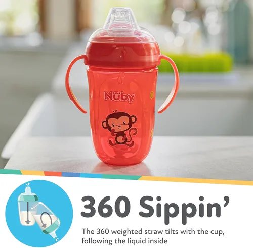 Miniatura 2 de Nuby Comfort Trainer - Vaso de 2 asas con popote con peso de 360 grados y boquilla de silicona suave, 9 onzas, niño, mono rojo