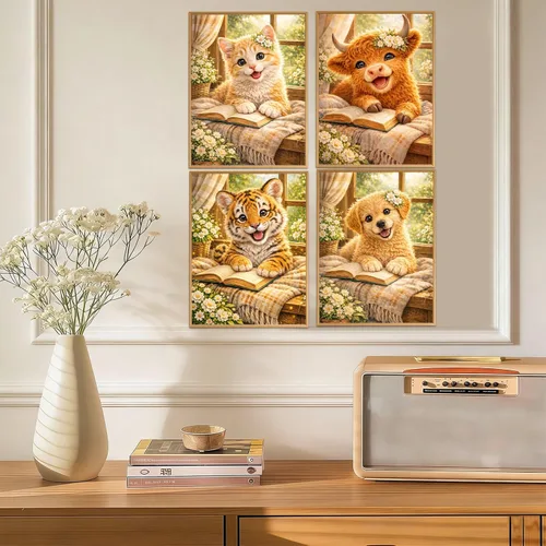 Miniatura 3 de Kits de pintura de diamantes de animales para adultos, paquete de 4 unidades, lindo tigre, vaca, gato, perro, kit de arte de diamantes, pintura