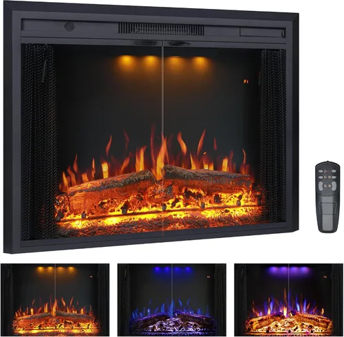 Miniatura 17 de Valuxhome Inserto de chimenea eléctrica de 35.63” de ancho y 27.5" de alto con ajustes de temperatura baja/alta, pantalla de malla móvil y puerta