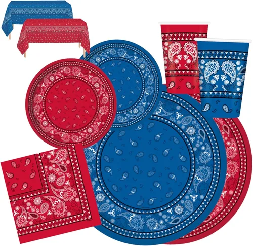 Miniatura 9 de Oojami Sirve 24 – Bandana roja suministros para fiesta occidental – Paquete completo de fiesta con platos llanos de 9 pulgadas, platos de postre
