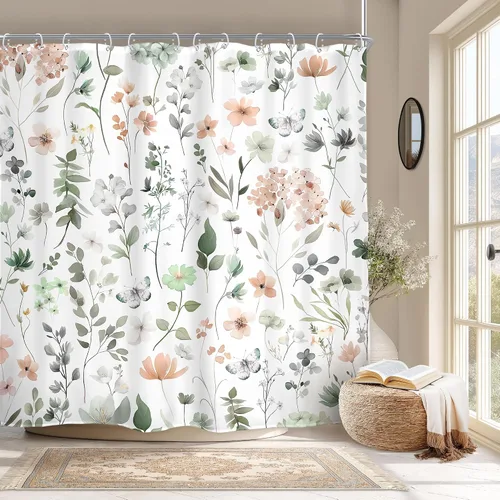 AMBZEK Bonita cortina de ducha floral verde y rosa, diseño bohemio de flores silvestres en acuarela de primavera, tela de arte de plantas de estilo