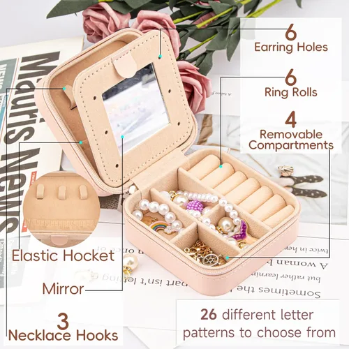 Miniatura 2 de Meschett Joyero de viaje con espejo, organizador de joyas esenciales de viaje, organizador de anillos, collares y aretes, estuche de joyería