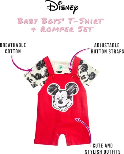 Miniatura 18 de Disney Conjunto de pantalones cortos para bebé, 2 piezas de Spiderman Mickey Mouse Cars Winnie the Pooh, conjunto corto de camisa corta (0-3M-24M)